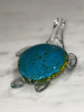 Handmade Glass Turtle Paperweight - Blue & Yellow